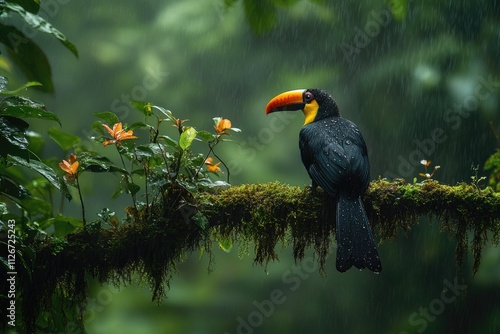 Colorful toucan perched on mossy branch in lush rainforest during rainfall photo