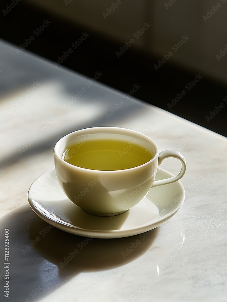 A serene cup of green tea on a marble surface, inviting relaxation and mindfulness. A serene cup of green tea on a marble surface, inviting relaxation and mindfulness.