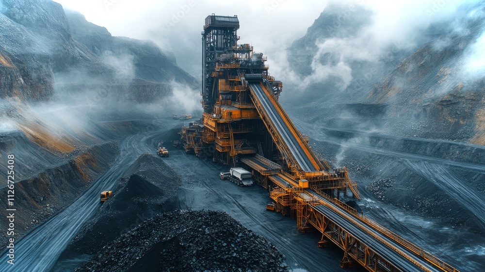 Birds-eye view of a coal mining complex amidst rugged terrain and shifting weather patterns Birds-eye view of a coal mining complex amidst rugged terrain and shifting weather patterns