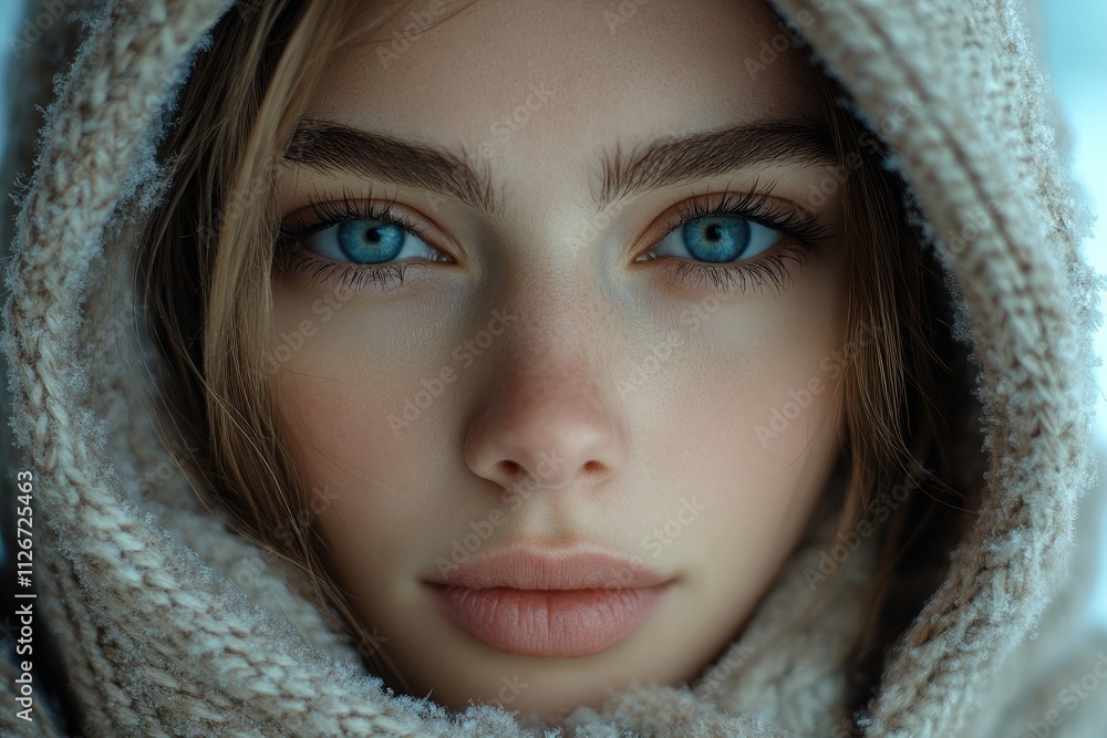 Close-up portrait of teenager wearing winter clothes showing intense blue eyes Close-up portrait of teenager wearing winter clothes showing intense blue eyes