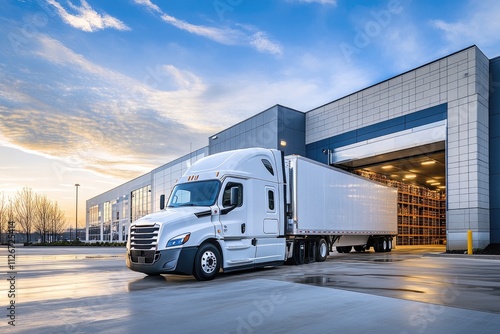 White freightliner cascadia semi-truck parked at distribution center for delivery or shipment photo