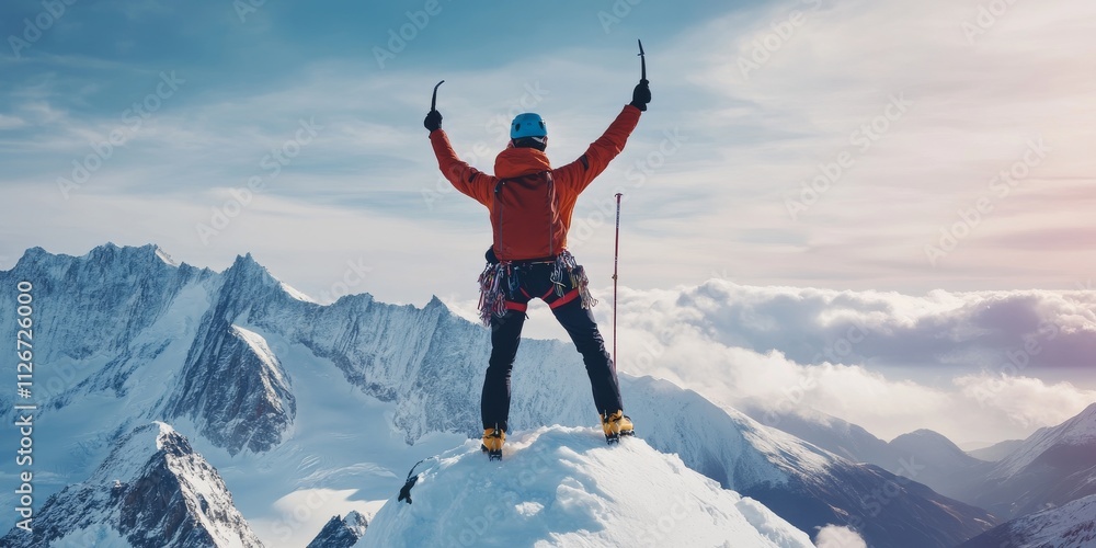 Male mountain climber joyfully raises hands with an icepick atop a snowy peak, celebrating the achievement of reaching the snowy peak, embodying the spirit of adventure and triumph. Male mountain climber joyfully raises hands with an icepick atop a snowy peak, celebrating the achievement of reaching the snowy peak, embodying the spirit of adventure and triumph.
