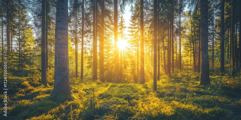 Fototapeta premium Stunning sunset and sunrise cast beautiful sunshine in a sunny spring forest. Sunlight and sunbeams filter through coniferous trees, creating a captivating forest landscape filled with light.