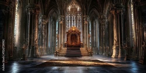 Medieval throne set in an ornate castle, exemplifying the grandeur of a royal throne, with intricate details and historical significance tied to royal culture and heritage within a medieval setting.
