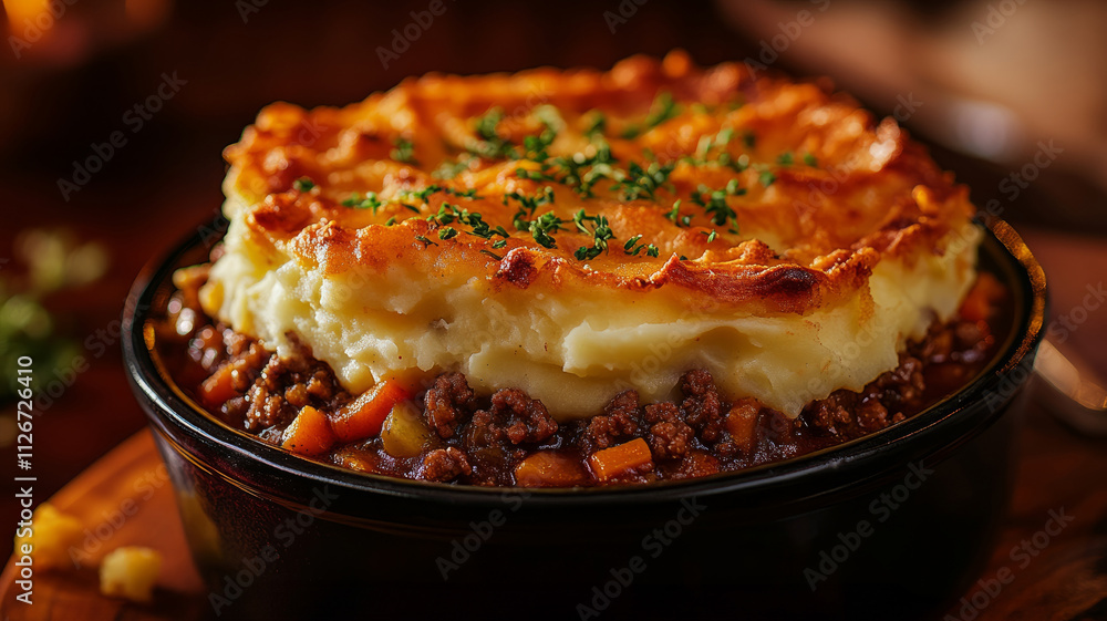Shepherd's pie with mashed potatoes on top