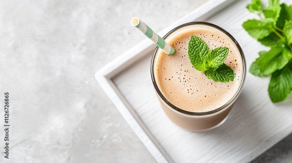 A top-down view of an iced coffee in a glass cup placed on a white ceramic tray, adorned with mint leaves and a striped straw, with droplets of condensation on the glass Ai Generative A top-down view of an iced coffee in a glass cup placed on a white ceramic tray, adorned with mint leaves and a striped straw, with droplets of condensation on the glass Ai Generative