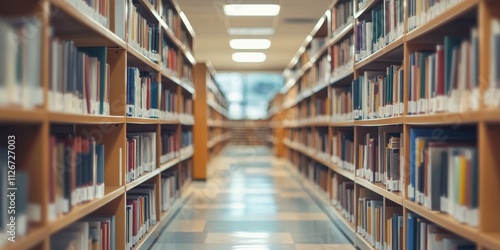 Blurred school library featuring bookshelves, creating an educational background ideal for various educational themes. This school library scene emphasizes the importance of learning and knowledge.