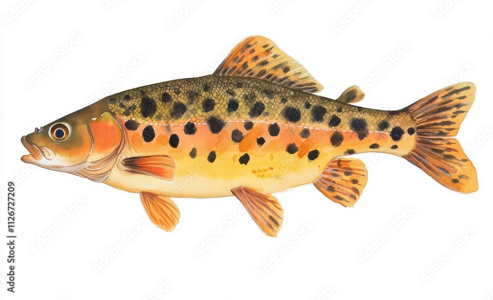 An isolated watercolor depiction of a Crucian fish on a white background. An isolated watercolor depiction of a Crucian fish on a white background.