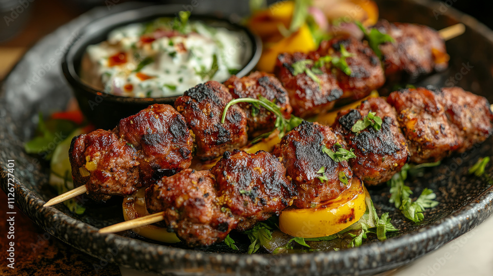Grilled kebabs with herbs and roasted vegetables Grilled kebabs with herbs and roasted vegetables