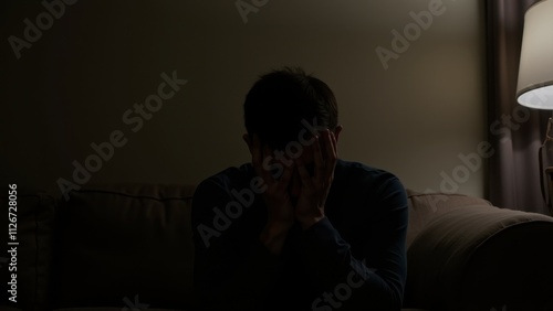 An individual sitting on a couch in a cozy but dimly lit room, head in hands, soft light from a nearby lamp, conveying disappointment and introspection, neutral tones and a quiet atmosphere