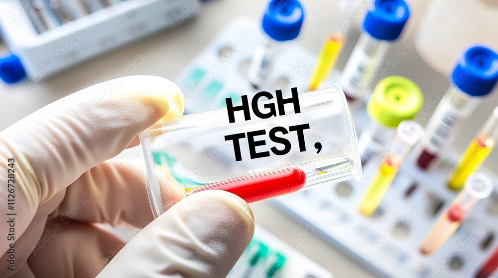Close-up of a hand holding a test tube labeled 'HGH Test,' showcasing a vibrant liquid inside. Close-up of a hand holding a test tube labeled 'HGH Test,' showcasing a vibrant liquid inside.