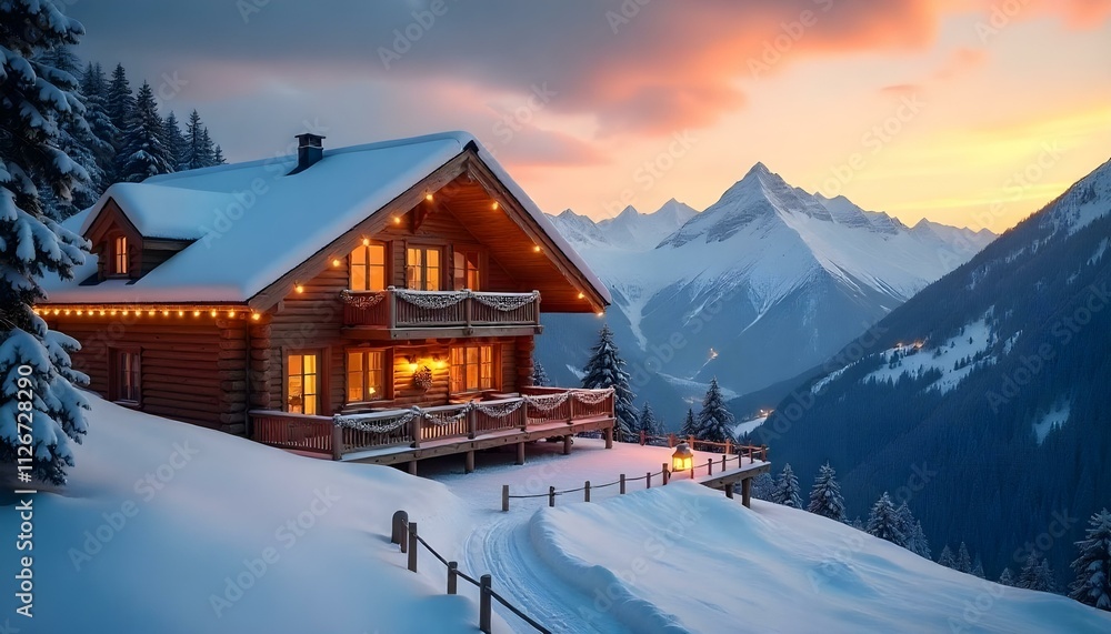 A snow-capped mountain against the backdrop of a cute wooden house, decorated with garlands. A snow-capped mountain against the backdrop of a cute wooden house, decorated with garlands.