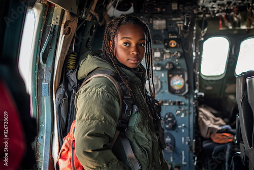 young woman in a green jacket standing inside a helicopter cockpit