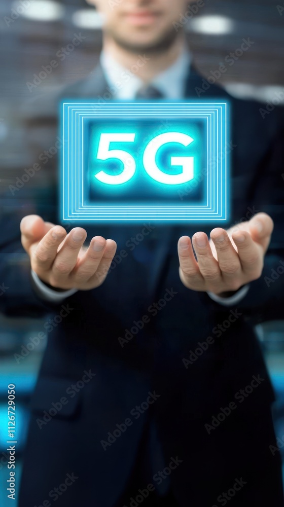 Businessman holding a glowing 5G sign in his hands on a blurred background, representing internet connectivity, 5G activation, data flow, and 5G expansion Businessman holding a glowing 5G sign in his hands on a blurred background, representing internet connectivity, 5G activation, data flow, and 5G expansion