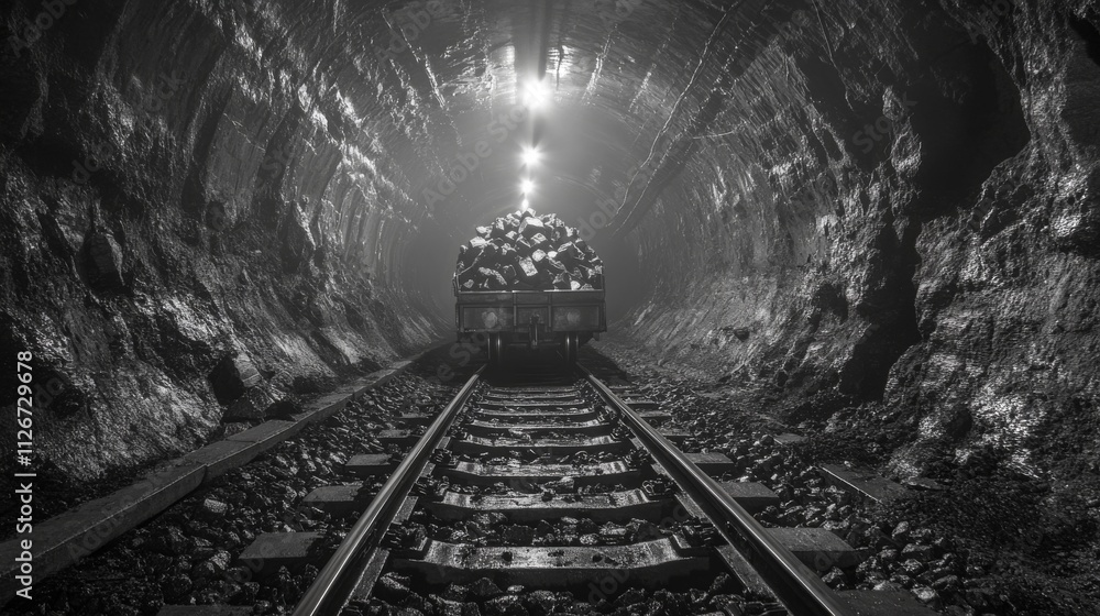 Naklejka premium Underground coal train transporting loads through a dimly lit tunnel