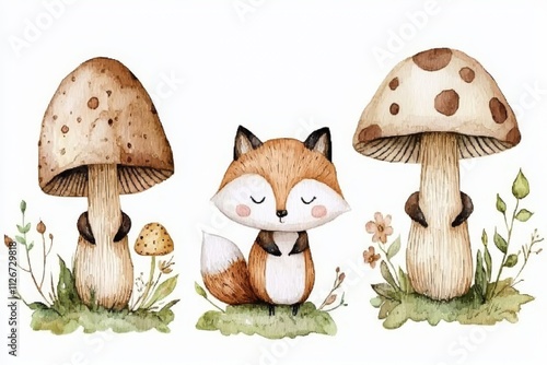 An adorable nursery woodland cartoon featuring a cute baby fox and flowers, created in watercolor. Ideal for bohemian boho nursery decor or patterns. photo