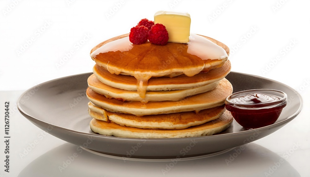 A stack of pancakes topped with butter, syrup, raspberries, and mint leaves on a plate A stack of pancakes topped with butter, syrup, raspberries, and mint leaves on a plate