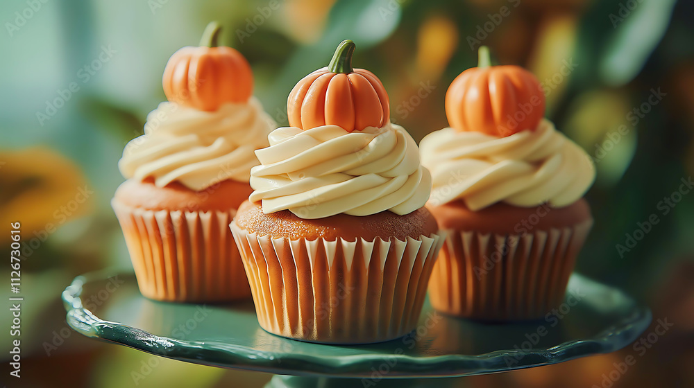 Delicious pumpkin spice cupcakes decorated with cream and marzipan pumpkins for the fall season Delicious pumpkin spice cupcakes decorated with cream and marzipan pumpkins for the fall season