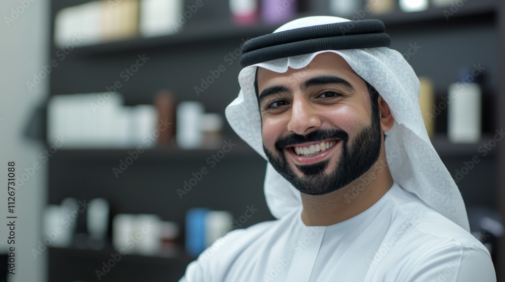 In a modern office setting, a cheerful Emirati Arab man in traditional attire radiates positivity. Engaged in his work, he embodies professionalism and cultural pride In a modern office setting, a cheerful Emirati Arab man in traditional attire radiates positivity. Engaged in his work, he embodies professionalism and cultural pride