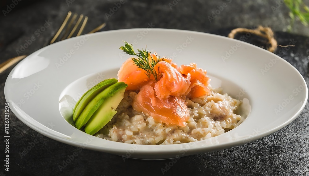 Creamy risotto with smoked salmon and avocado; elegant presentation. Creamy risotto with smoked salmon and avocado; elegant presentation.