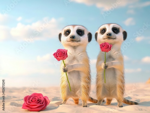 Meerkats standing upright, offering roses in desert surroundings, unique Valentine's theme, 3D illustration photo