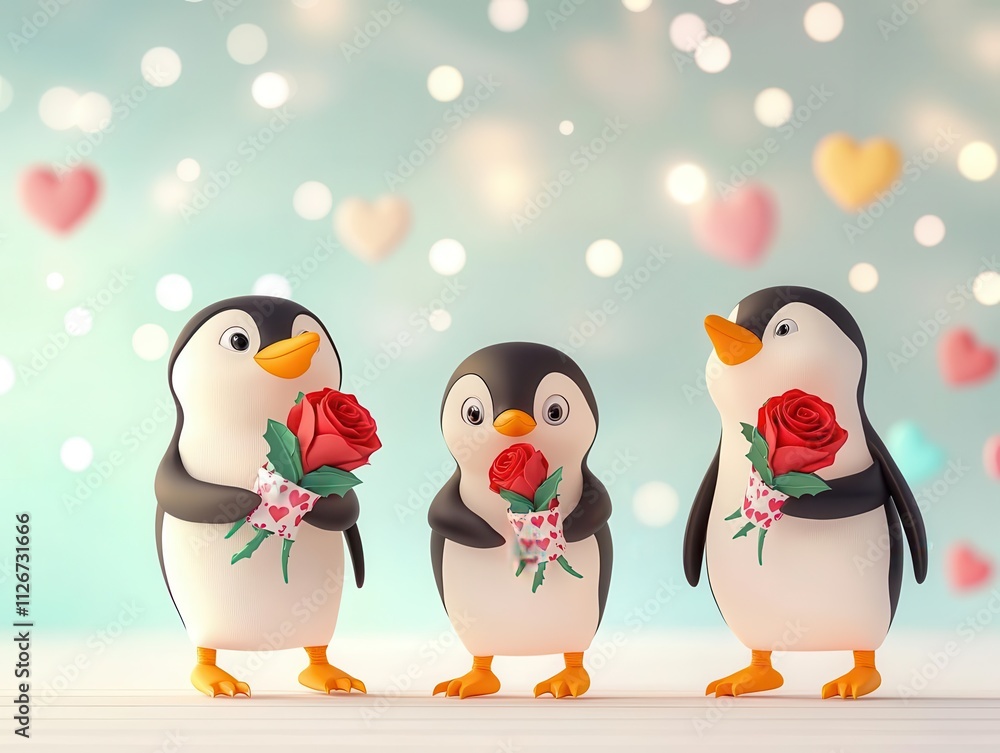 Fototapeta premium Penguins skating on ice, holding roses wrapped in love-themed paper, magical Valentine's scene, 3D illustration