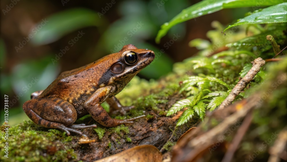 Endemic Brown Mantella Frog Perched on Mossy Log in Lush Forest Habitat. Generative AI Endemic Brown Mantella Frog Perched on Mossy Log in Lush Forest Habitat. Generative AI