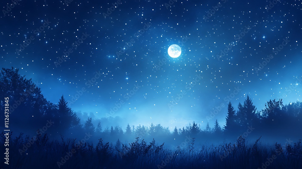 Serene Moonlight Night in a Misty Forest - Digital Painting. AI Generated Serene Moonlight Night in a Misty Forest - Digital Painting. AI Generated