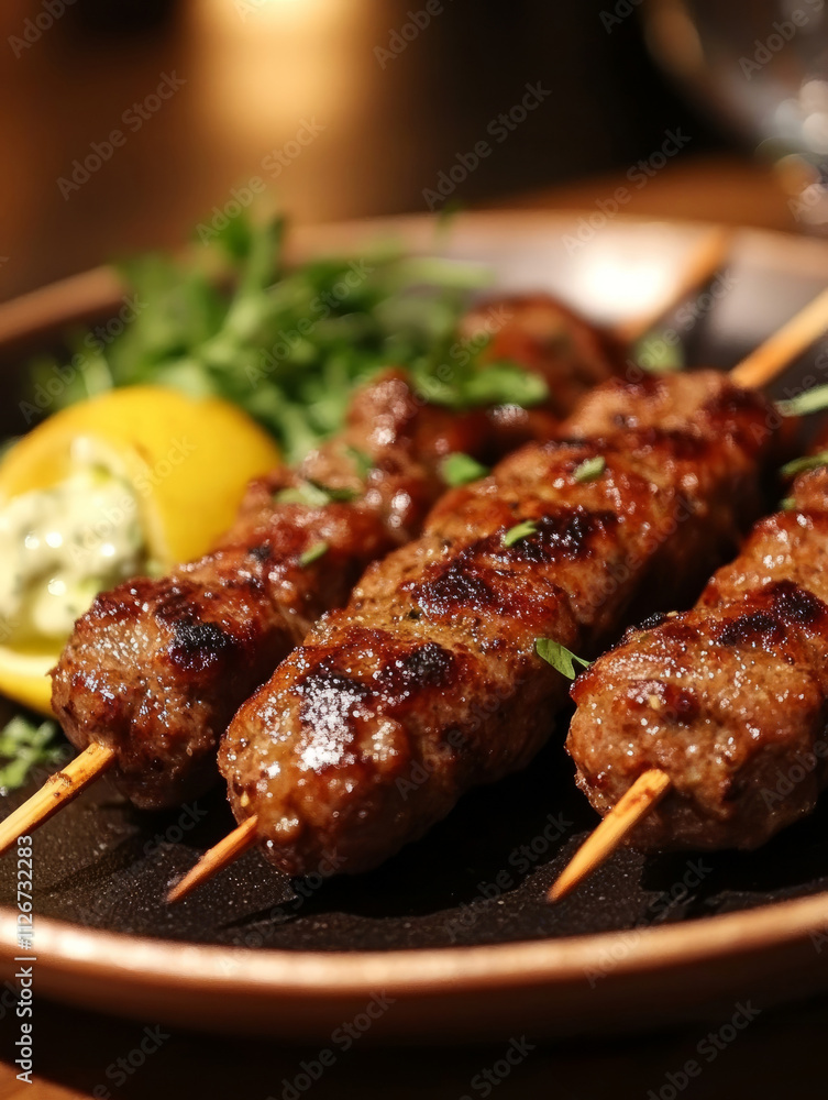 Grilled kebabs on a plate with lemon and parsley. Grilled kebabs on a plate with lemon and parsley.