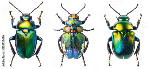 Three vibrant jewel beetles, showcasing their iridescent exoskeletons in a macro studio shot, highlighting the intricate details of these insects, PNG image, Cutout, Isolated on white background