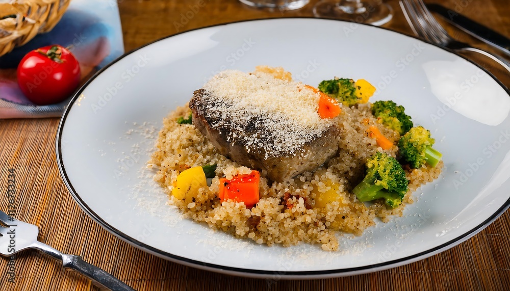 Quinoa with steamed vegetables, grated parmesan, and baked veal on a decorative plate, looking delicious and nutritious. Quinoa with steamed vegetables, grated parmesan, and baked veal on a decorative plate, looking delicious and nutritious.