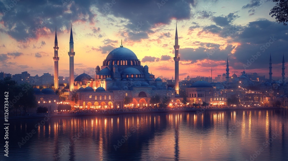 Fototapeta premium A bustling city mosque at twilight, lights from surrounding buildings reflecting in nearby water