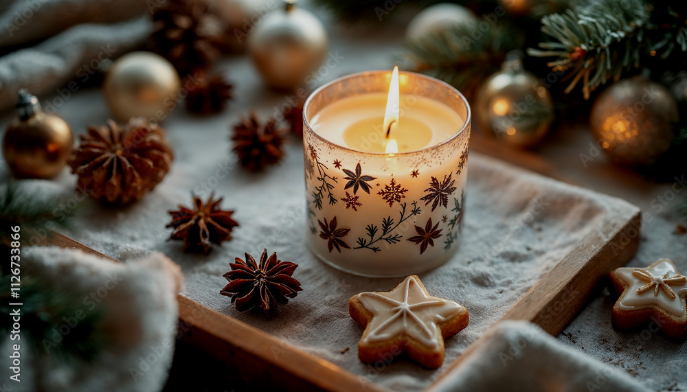 Lit candle with star anise, pine cones, a star-shaped cookie, and ornaments, evoking a cozy, festive winter atmosphere Lit candle with star anise, pine cones, a star-shaped cookie, and ornaments, evoking a cozy, festive winter atmosphere