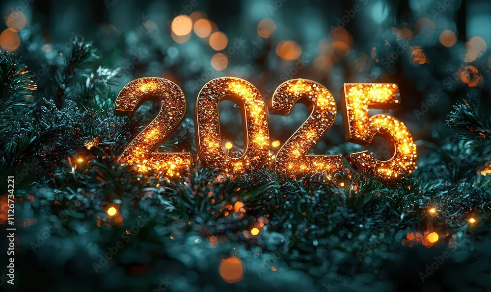 Happy New Year with golden numbers in a green background, featuring a glittering and glowing effect. The text is written on the number Happy New Year with golden numbers in a green background, featuring a glittering and glowing effect. The text is written on the number