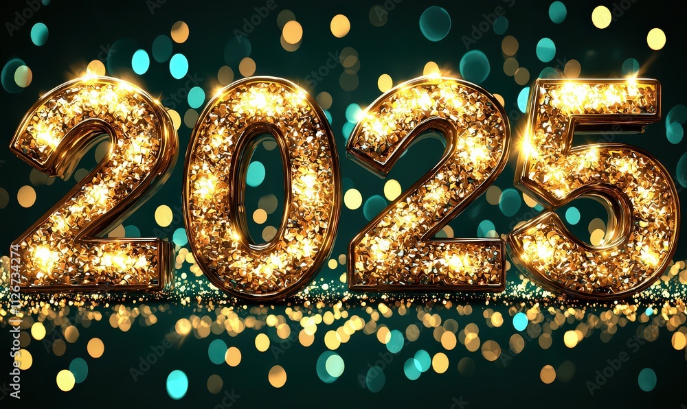 Happy New Year with golden numbers in a green background, featuring a glittering and glowing effect. The text is written on the number Happy New Year with golden numbers in a green background, featuring a glittering and glowing effect. The text is written on the number
