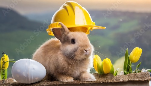 Easter Bunny in Construction Helmet A Whimsical Blend of Tradition and Modernity for Spring Celebrations and Festive Decor Perfect for Easterthemed Projects and Family Fun photo