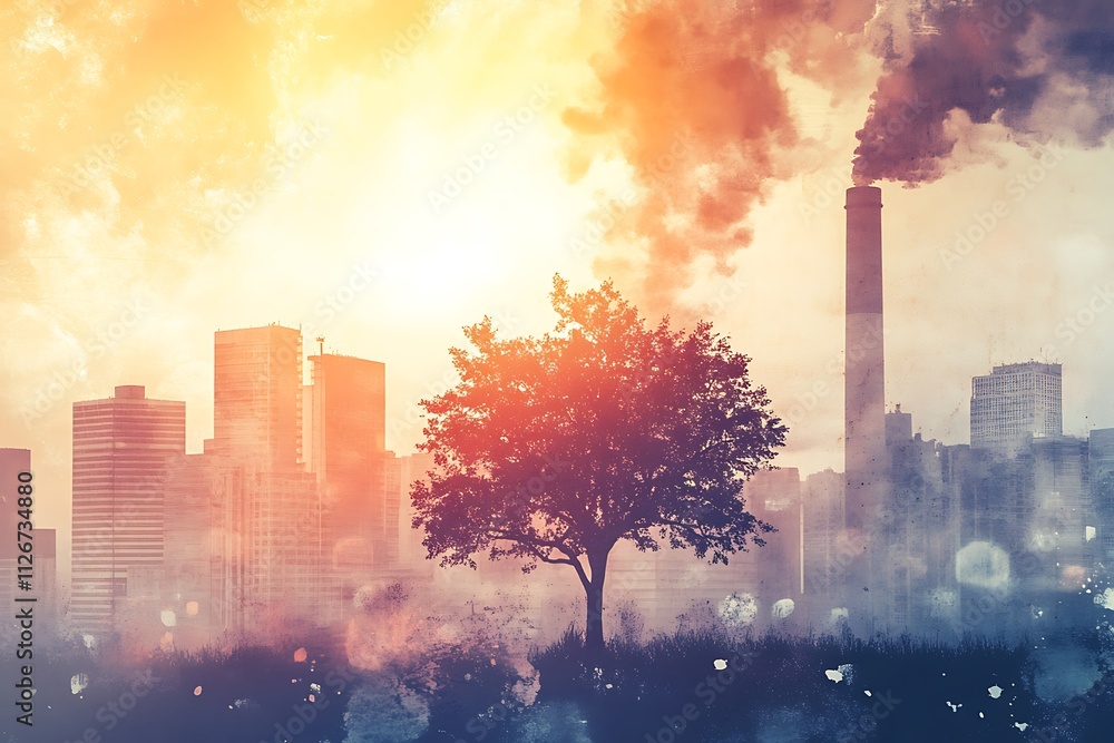Obraz premium Tree Surrounded by Smog in Industrial Setting