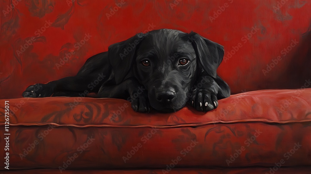 Black Labrador Puppy Resting on a Red Velvet Sofa: Fine Art Painting. AI Generated Black Labrador Puppy Resting on a Red Velvet Sofa: Fine Art Painting. AI Generated