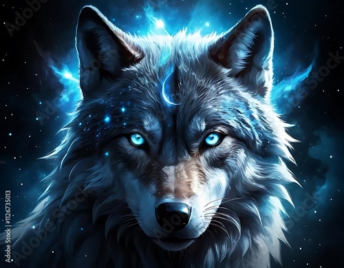 Majestic Wolf Staring Against Celestial Backdrop With Cosmic Colors