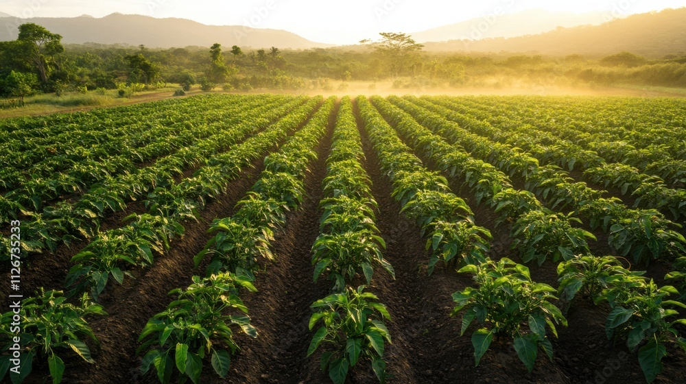 A bird’s eye view of a thriving chili plantation, rows of red and green chili plants stretching into the horizon, with a soft mist and warm morning light casting long shadows