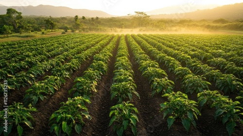 Obraz na płótnie A bird’s eye view of a thriving chili plantation, rows of red and green chili plants stretching into the horizon, with a soft mist and warm morning light casting long shadows w salonie