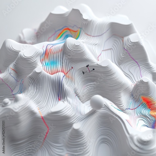 Abstract 3D Topographic Map Art: White Layered Mountain Range with Colorful Trails photo