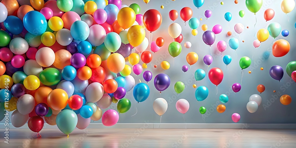 A profusion of colorful balloons floats and rests on a hardwood floor in a minimalist room A profusion of colorful balloons floats and rests on a hardwood floor in a minimalist room