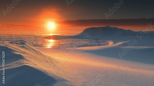 Sunset over icy dunes and reflective frozen lake