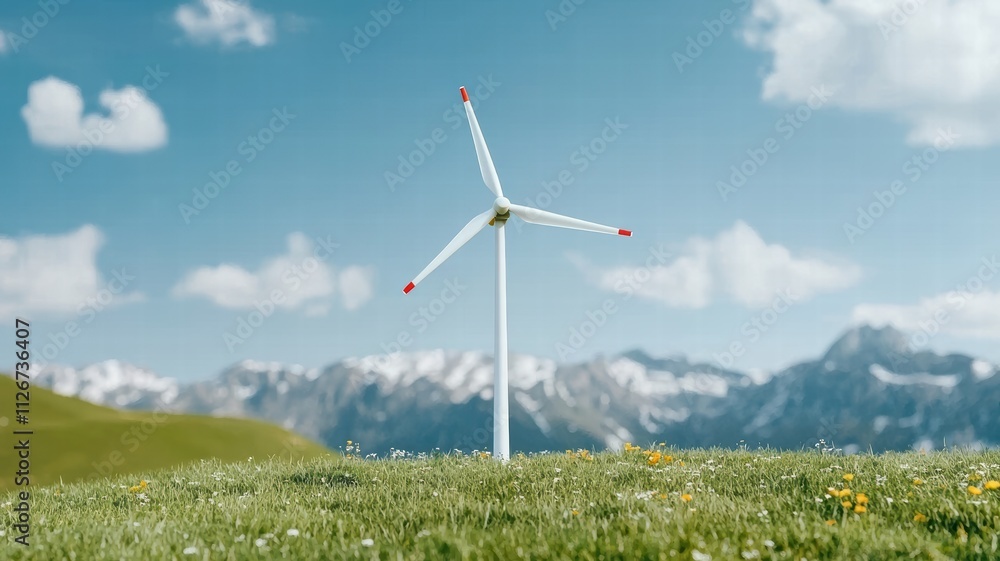 Fototapeta premium A modern wind turbine stands on a lush green field, surrounded by mountains and a clear blue sky, symbolizing renewable energy and sustainability.