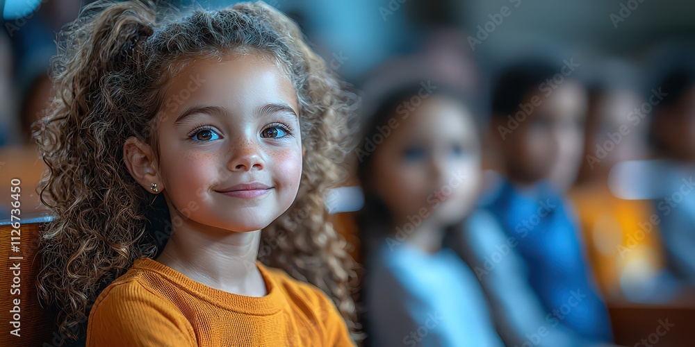 girl sitting in the back row at church with her family, looking over their shoulders as they hear something interesting. Web banner with copy space girl sitting in the back row at church with her family, looking over their shoulders as they hear something interesting. Web banner with copy space