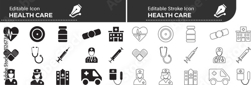 Healthcare set of web icons in line style. Medicine and Health Care linear icon collection. Containing emergency, doctor, treatment, medical, report, diagnosis, health, prevention. Editable stroke