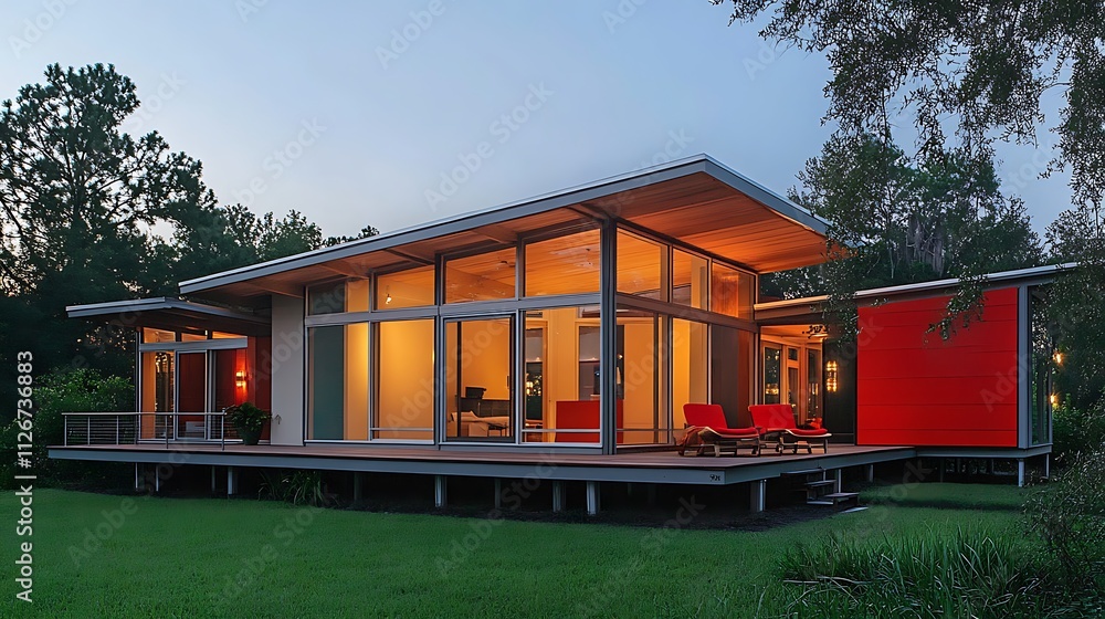 Modern Glass House at Dusk, Louisiana Lakeside Retreat. AI Generated Modern Glass House at Dusk, Louisiana Lakeside Retreat. AI Generated