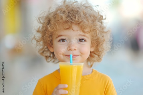 Happy Child Drinking Fresh Orange Juice, Healthy Refreshing Beverage for Kids photo