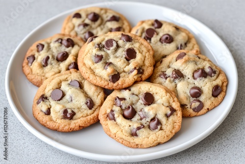 Plate of Freshly Baked Chocolate Chip Cookies, Delicious Homemade Dessert